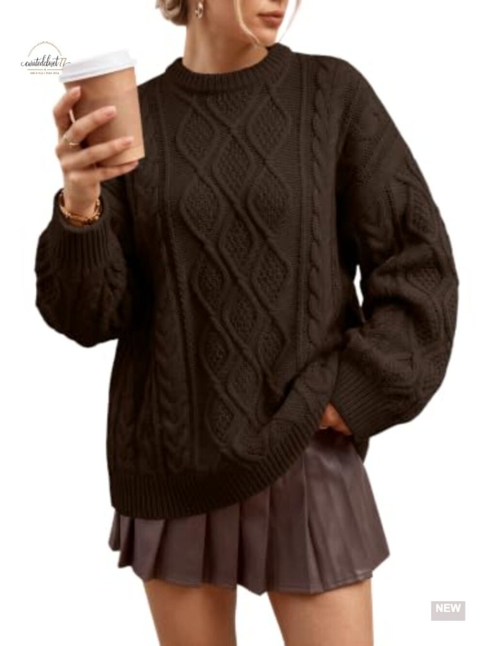 Oversized Cable Knit Sweater Cotton Blend Crew Neck Pullover